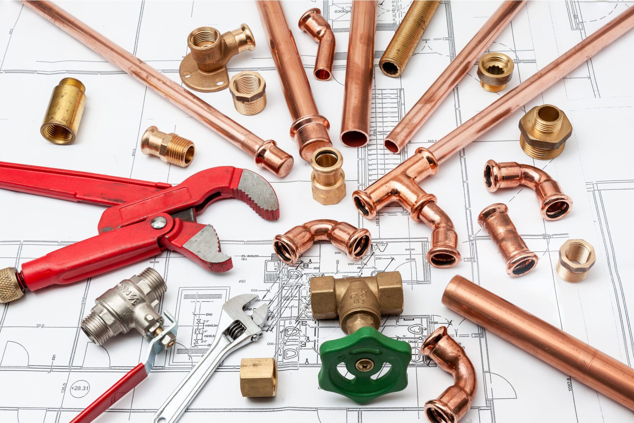 Copper pipes, fittings, valves, and plumbing tools in Marina