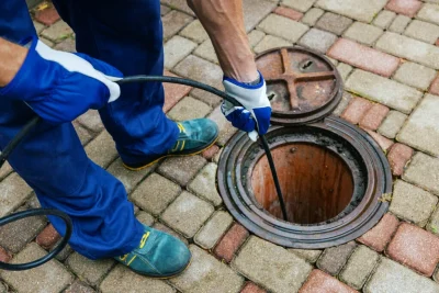 Plumber cleaning an outdoor sewer drain in Marina