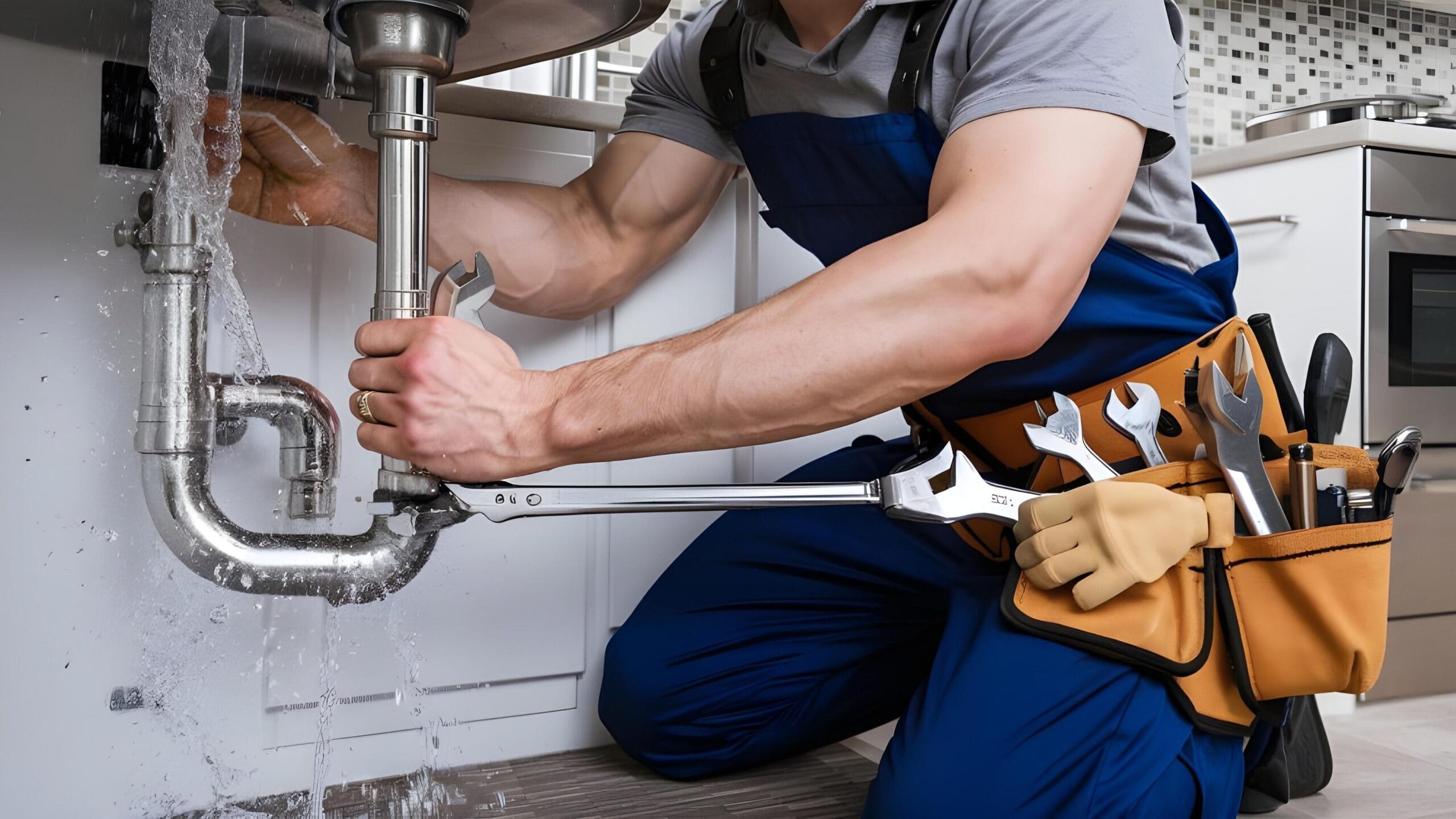 Plumber tightening a residential plumbing pipe in Marina