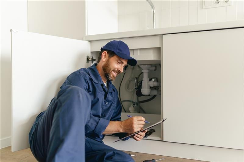 Residential plumber reviewing plumbing repairs in a Marina kitchen