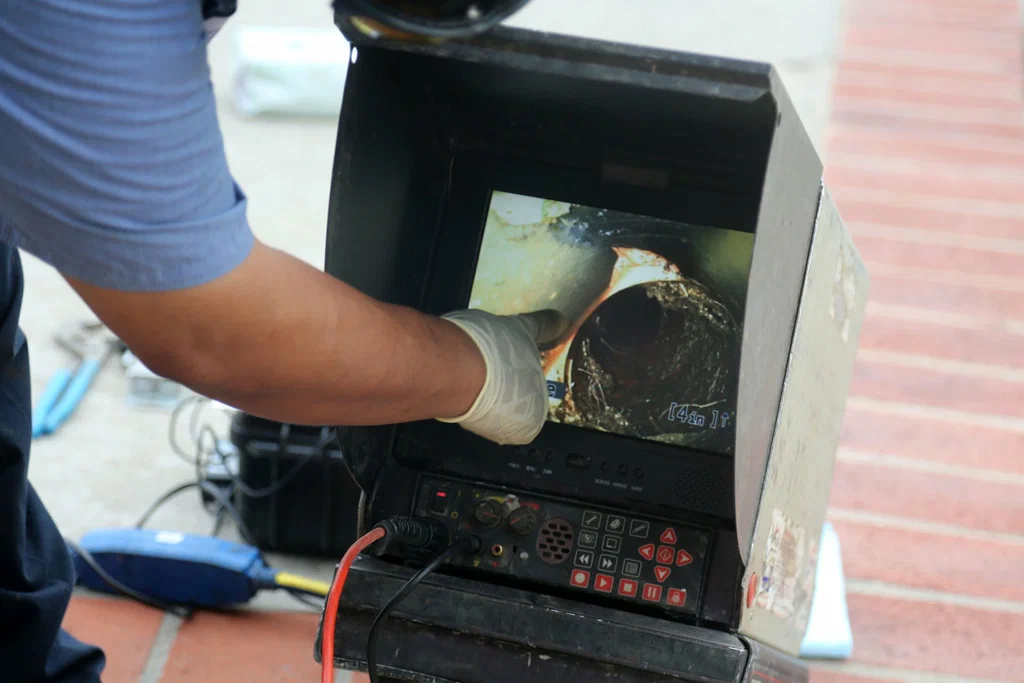 Technician viewing a drain inspection camera in Marina
