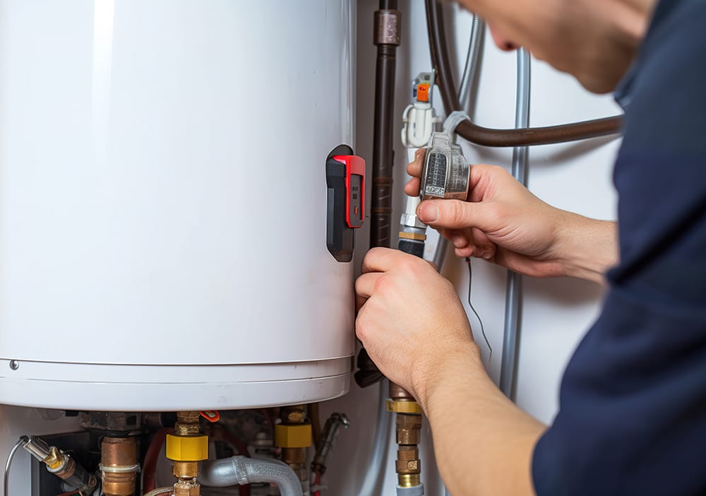 Technician repairing pipes connected to a water heater in Marina